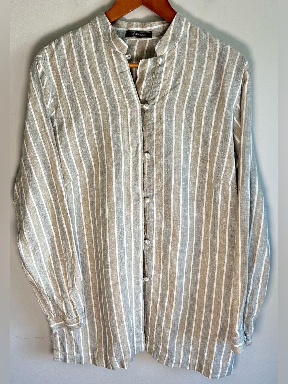 Yaly Couture Men’s Long Sleeve Shirt Size L Stripes 100% Linen Button Placket